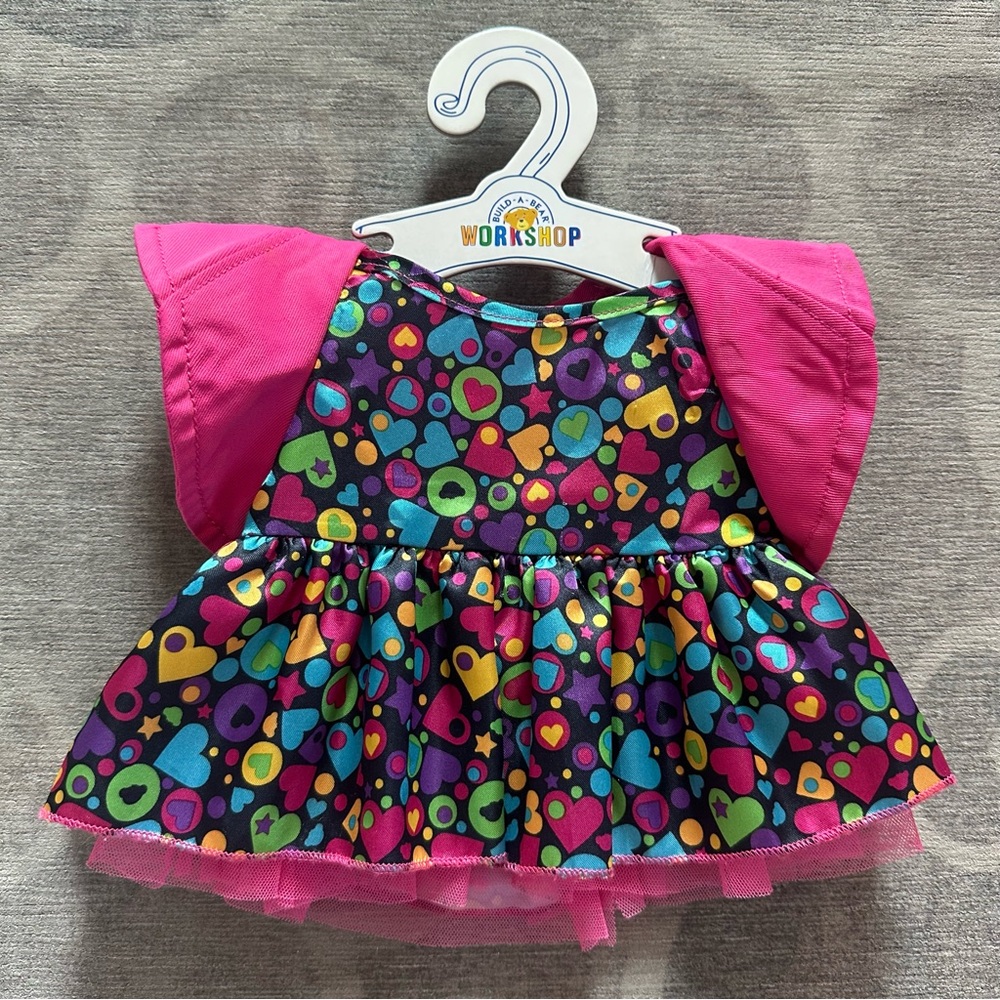 Build A Bear Pink Colorful Heart Patterned Dress with Pink Sleeves